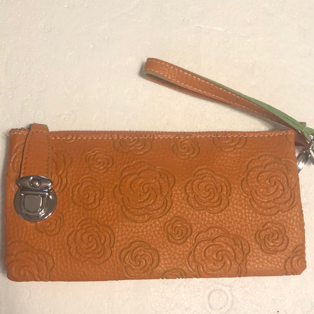 Mellow World  Orange Wristlet-Faux Leather Floral Rose Clutch /Crossbody Purse